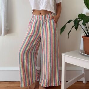 Loft Linen Blend Rainbow Striped Wide Leg Relaxed Fit Pants Petite Length XS